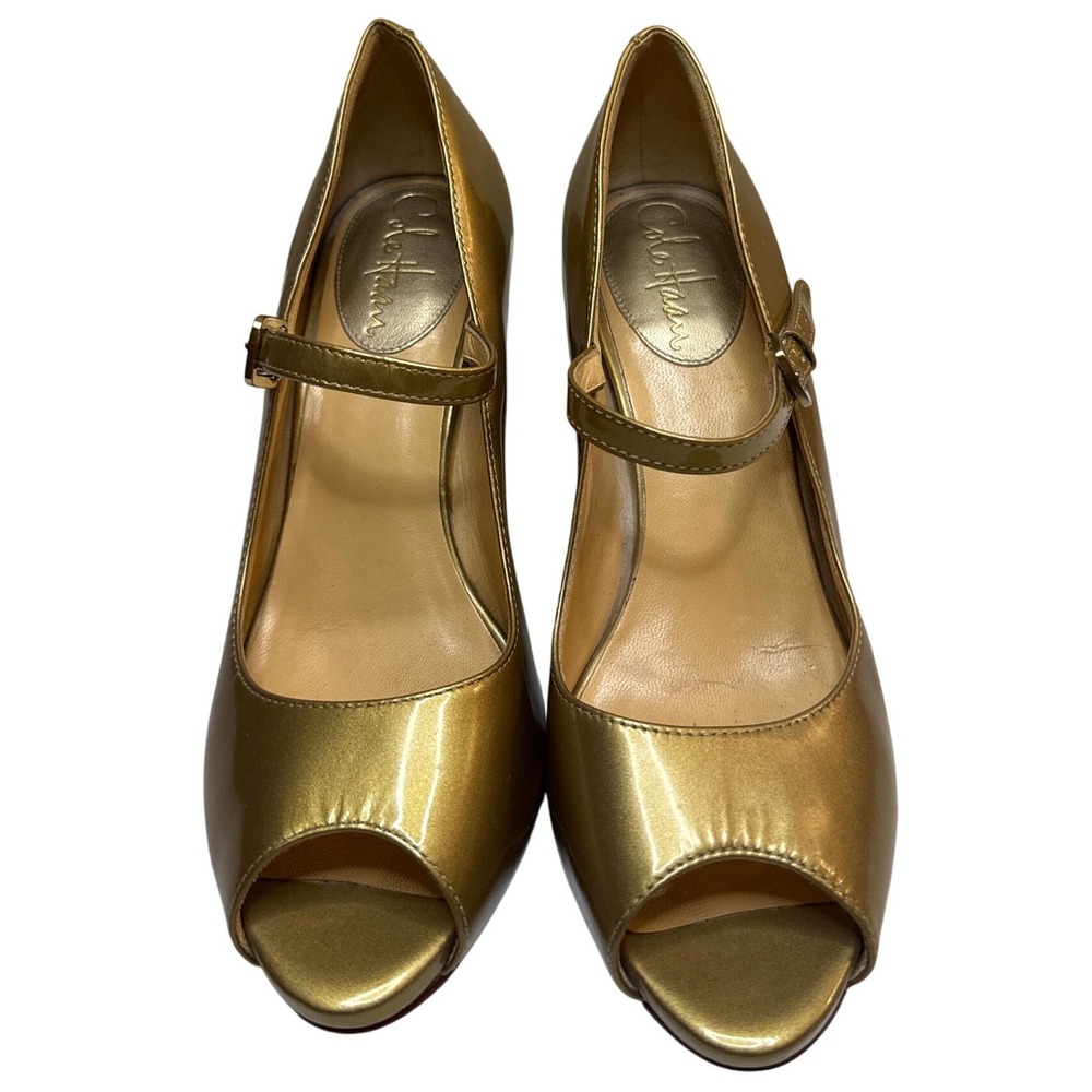 Cole Haan Peep Toe Mary Jane Heels Gold Metallic Patent Leather Buckle Shoes 6.5